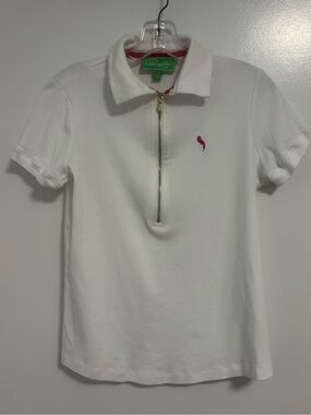 Pappagallo White Polo Zip Top with Pink Logo and Gold Zipper